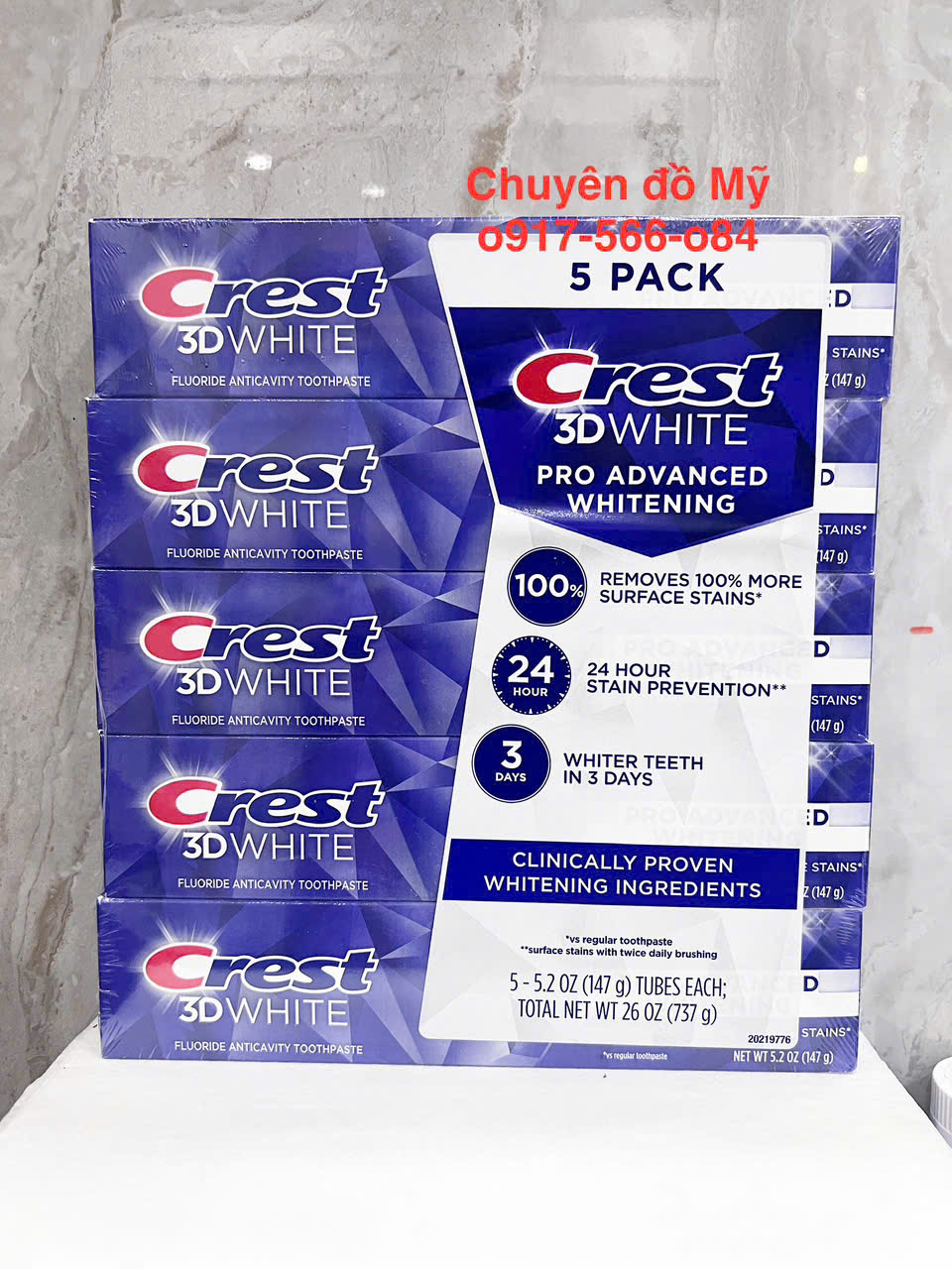 Lóc 5 tuýp kem đánh răng Crest 3D White Advanced Whitening 147g của Mỹ