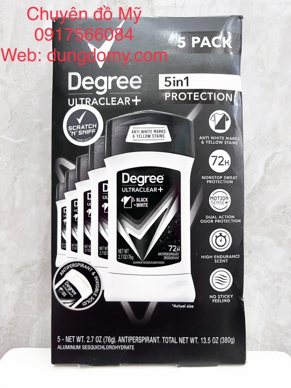 Hộp 5 lăn khử mùi nam 72H Degree Men Ultra Clear Black White 76g của Mỹ