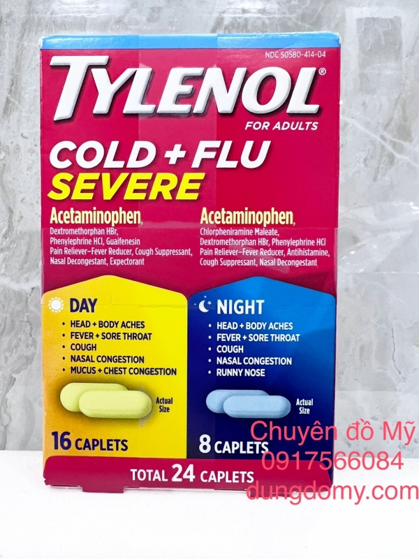 Viên uống Tylenol Cold & Flu 16 viên ngày và 8 viên đêm của Mỹ
