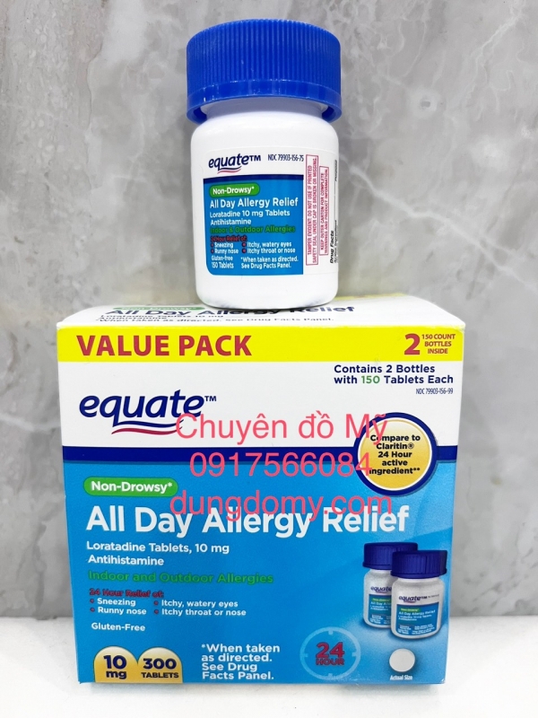 Viên uống chống dị ứng không buồn ngủ Equate Allergy Relief 10mg 2*150 viên của Mỹ