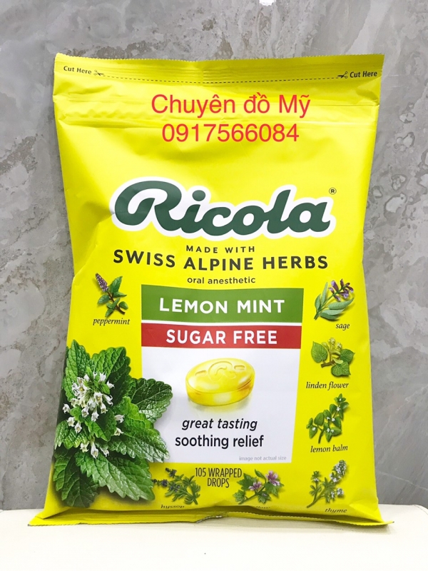 Kẹo thông cổ, mát họng Ricola không đường Ricola Lemon Mint Sugar Free 105 viên của Mỹ