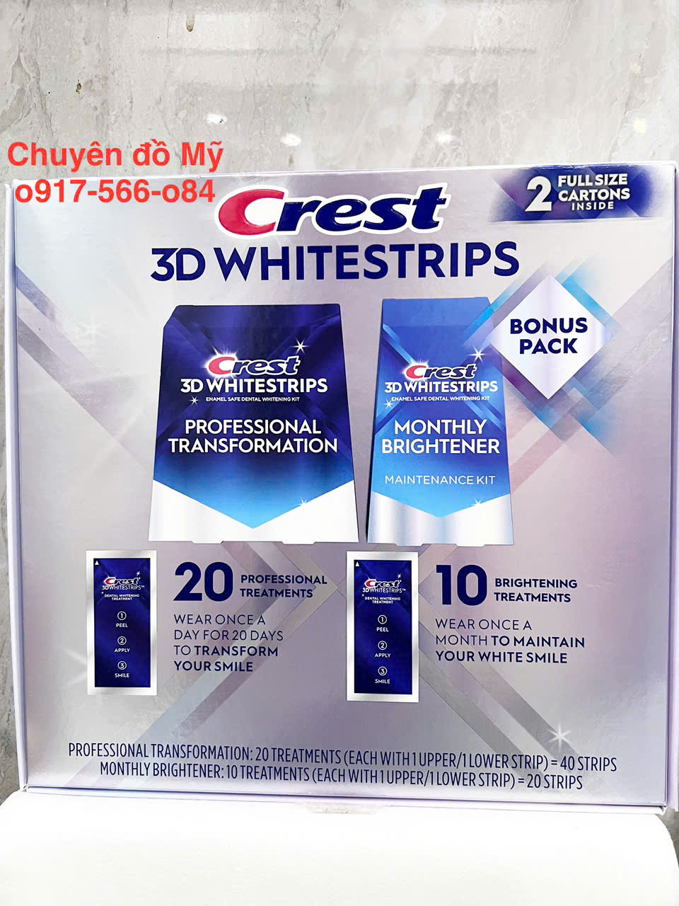 Set miếng dán trắng răng Crest 3D Whitestrips Professional Transformation 40 miếng +Monthly Brightener 20 miếng của Mỹ