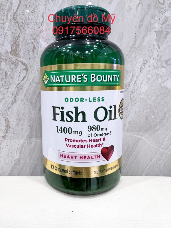 Viên uống dầu cá trợ tim, sáng mắt Nature’s Bounty Fish Oil 1400mg 130 Softgels của Mỹ