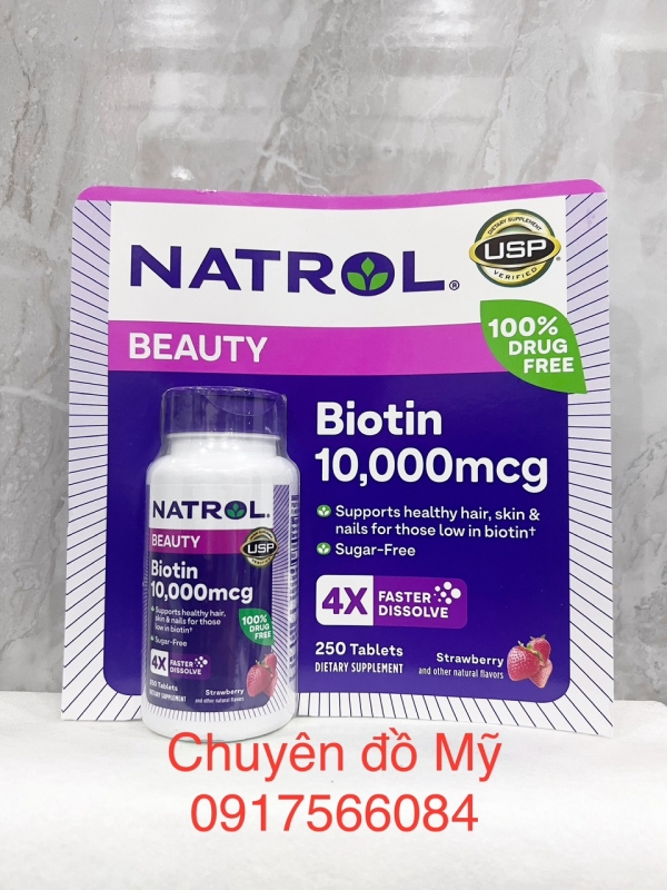 Viên nhai đẹp da tóc và móng Natrol Biotin Beauty 10,000mcg 250 viên của Mỹ