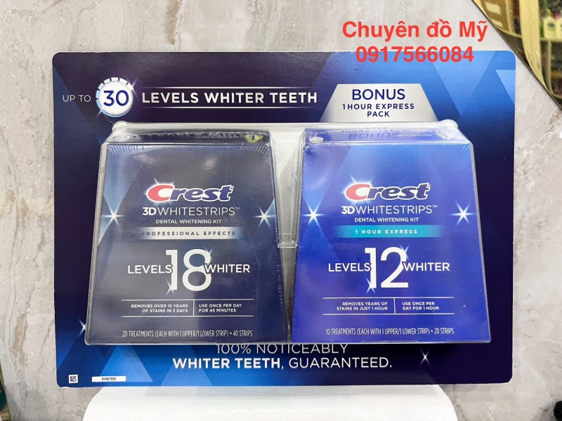 Set miếng dán trắng răng Crest 3DWhitestrips Effects +1 Hour Express 60 miếng của Mỹ