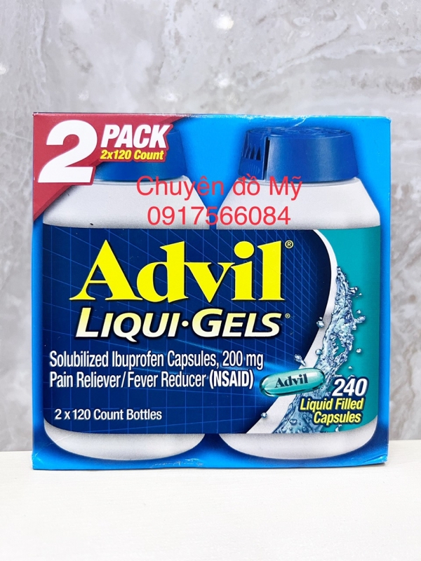 Viên uống giúp giảm đau hiệu quả Advil Liqui Gels 2 x 120 viên của Mỹ Date T4/2027