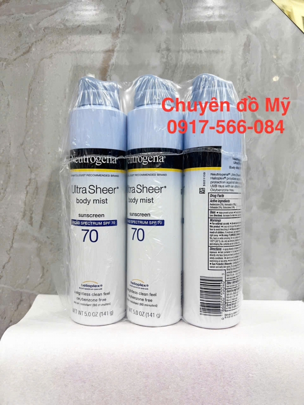 Combo 3 chai Xịt chống nắng Neutrogena Ultra Sheer Body Mist Sunscreen SPF70 141g của Mỹ
