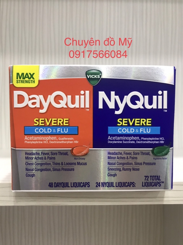 Viên uống giảm ho và cảm cúm Vicks DayQuil & NyQuil Severe Cold & Flu 72 Liquicaps của Mỹ