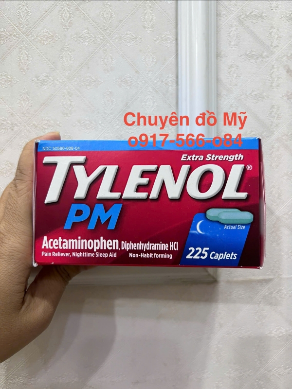 Viên uống Tylenol PM Acetaminophen Extra Strength 500mg 225 Caplets của Mỹ