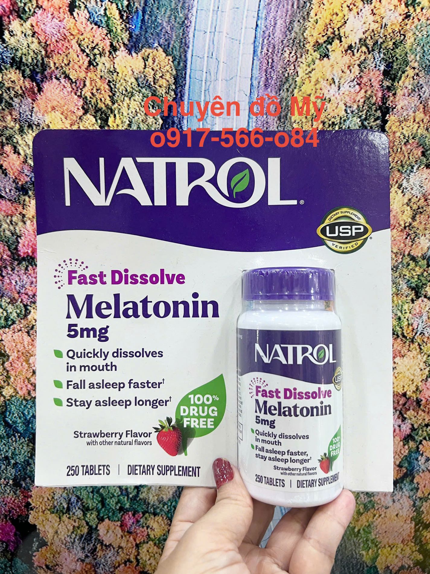 Viên ngậm giúp ngủ ngon Natrol Melatonin Sleep 5mg (Vị dâu) 250 viên của Mỹ
